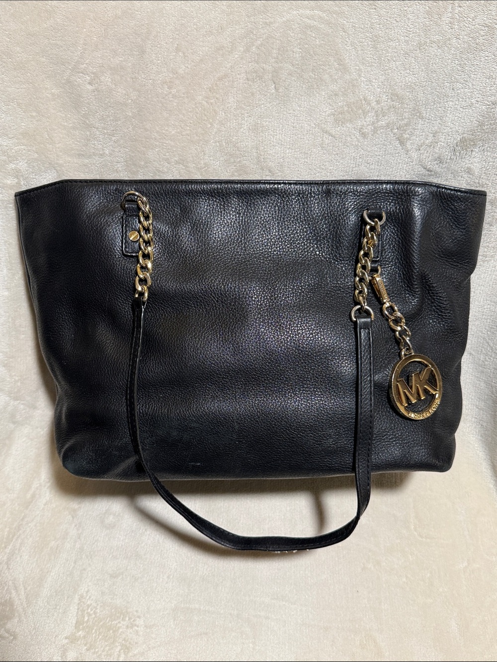 Michael Kors Black Pebbled Leather Chain Tote Shoulder Bag Gold MK Charm